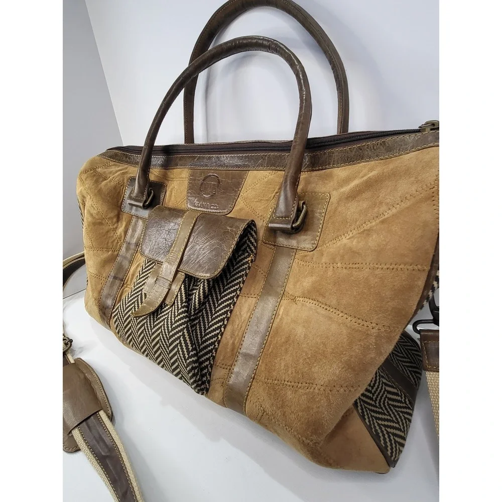 Vaan & Co Upcycled Leather Suede Duffle Bag Brown Chevron Weekender Travel Bag